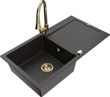 Mexen Leo 1-bowl granite sink with drainer and Elia kitchen faucet, black/gold metallic - 6501-75-670101-50