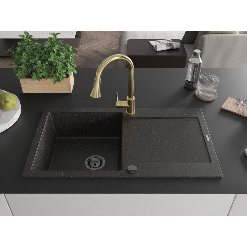 Mexen Leo granite sink with 1-bowl drainer and Elia kitchen tap, black/gold metallic - 6501-75-670101-50-B