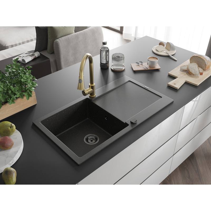 Mexen Leo 1-bowl granite kitchen sink with drainer and Elia faucet, black/gold metallic - 6501-75-670101-50-B