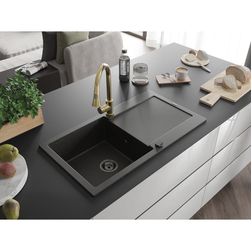 Mexen Leo 1-bowl granite sink with drainer and Elia kitchen faucet, black/gold metallic - 6501-75-670101-50-B