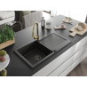 Mexen Leo 1-bowl granite kitchen sink with drainer and Elia faucet, black/gold metallic - 6501-75-670101-50-B