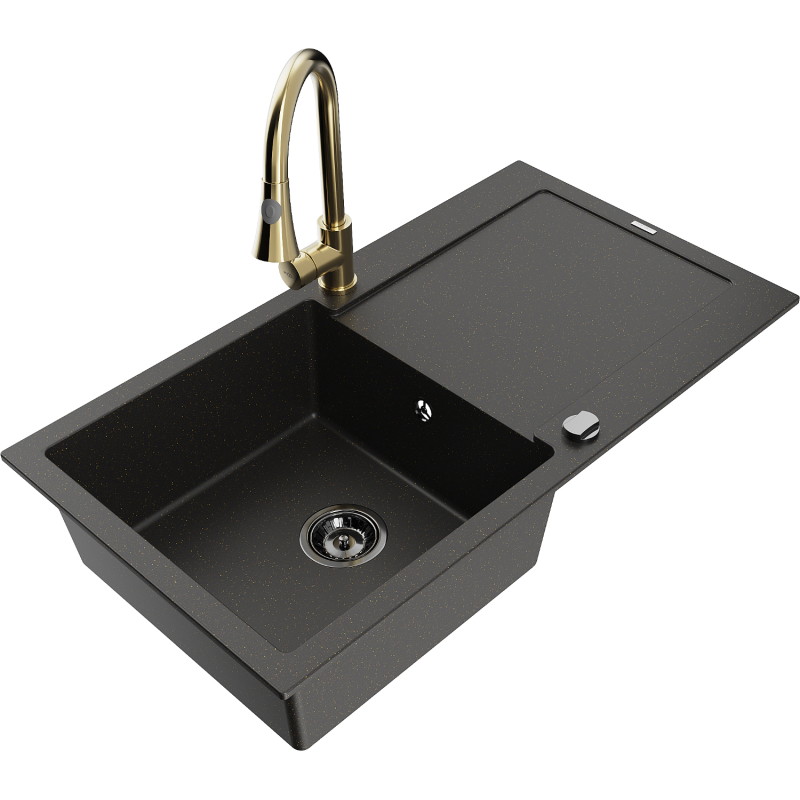 Mexen Leo 1-bowl granite sink with drainer and Elia kitchen faucet, black/gold metallic - 6501-75-670101-50-B