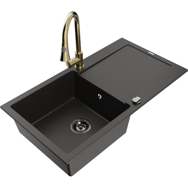 Mexen Leo 1-compartment granite sink with a drip tray and kitchen mixer tap Elia, Black/Gold metallic - 6501-75-670101-50-B