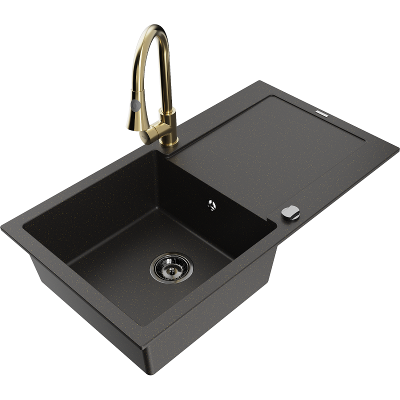 Mexen Leo granite sink with 1-bowl drainer and Elia kitchen tap, black/gold metallic - 6501-75-670101-50-B