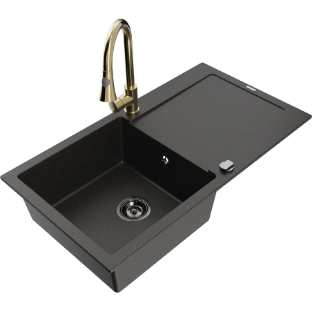 Mexen Leo 1-bowl granite kitchen sink with drainer and Elia faucet, black/gold metallic - 6501-75-670101-50-B