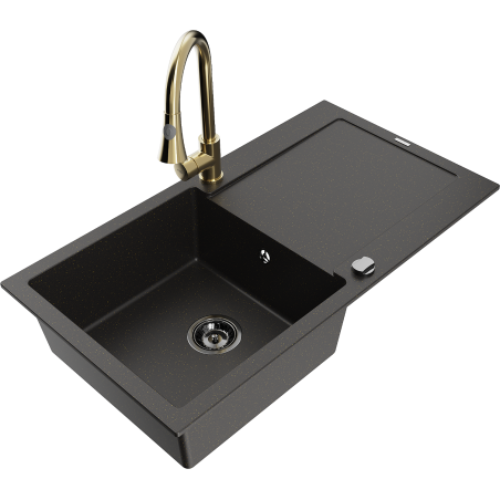 Mexen Leo granite sink with 1-bowl drainer and Elia kitchen tap, black/gold metallic - 6501-75-670101-50-B