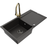 Mexen Leo 1-bowl granite kitchen sink with drainer and Elia faucet, black/gold metallic - 6501-75-670101-50-B