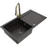 Mexen Leo 1-bowl granite sink with drainer and Elia kitchen faucet, black/gold metallic - 6501-75-670101-50-B
