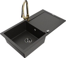 Mexen Leo 1-bowl granite kitchen sink with drainer and Elia faucet, black/gold metallic - 6501-75-670101-50-B