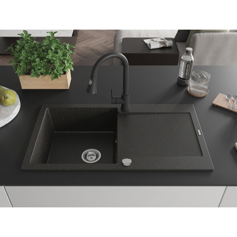 Mexen Leo granite single-bowl sink with drainer and Elia kitchen faucet, black/gold metallic - 6501-75-670101-70