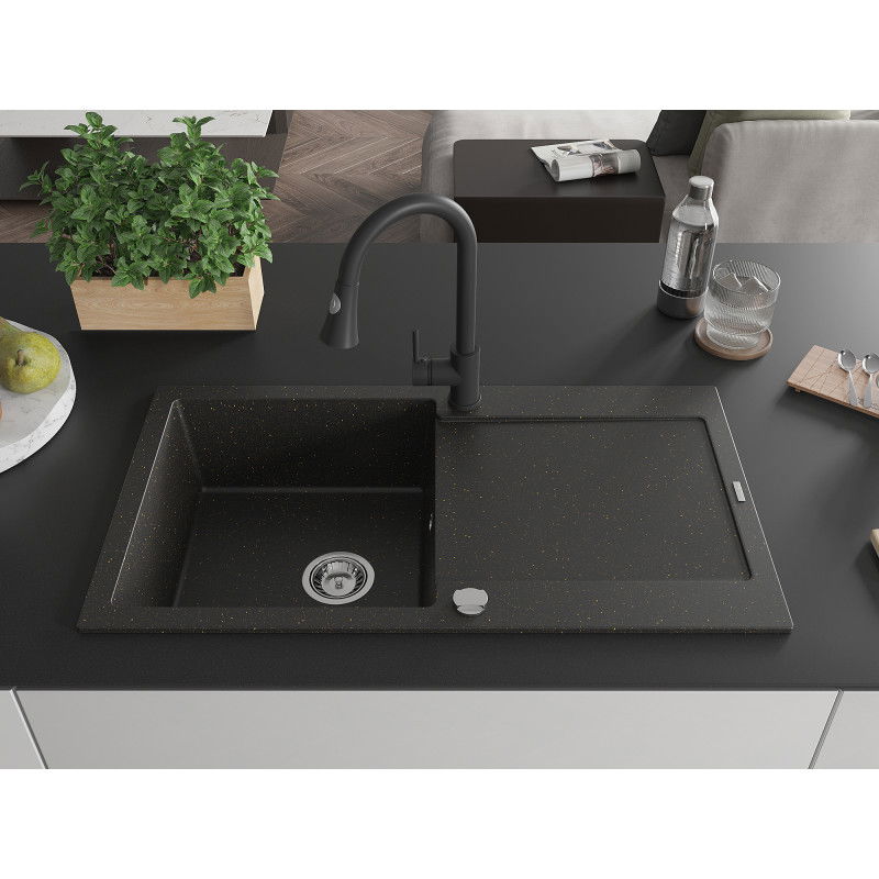 Mexen Leo granite sink 1-bowl with drainer and Elia kitchen tap, black/gold metallic - 6501-75-670101-70
