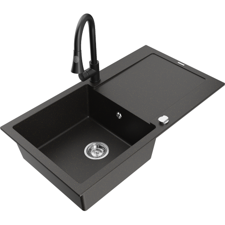 Mexen Leo granite single-bowl sink with drainer and Elia kitchen faucet, black/gold metallic - 6501-75-670101-70
