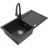 Mexen Leo granite single-bowl sink with drainer and Elia kitchen faucet, black/gold metallic - 6501-75-670101-70