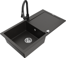 Mexen Leo granite single-bowl sink with drainer and Elia kitchen faucet, black/gold metallic - 6501-75-670101-70