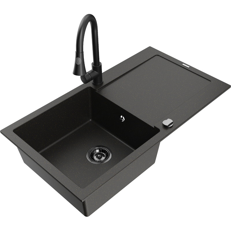 Mexen Leo granite kitchen sink 1-bowl with drainer and Elia kitchen faucet, black/gold metallic - 6501-75-670101-70-B
