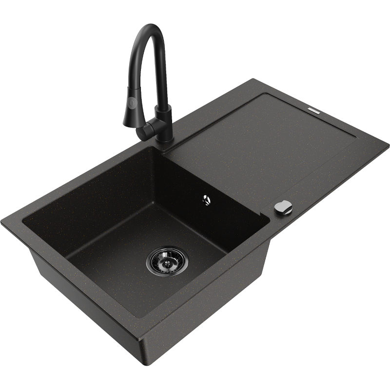 Mexen Leo granite sink, 1-bowl with drainer and Elia kitchen tap, black/gold metallic - 6501-75-670101-70-B