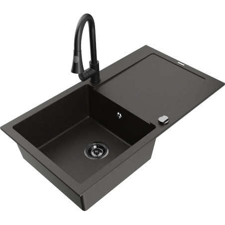 Mexen Leo granite kitchen sink 1-bowl with drainer and kitchen faucet Elia, black/gold metallic - 6501-75-670101-70-B