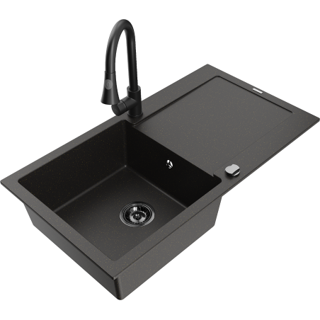 Mexen Leo granite sink, 1-bowl with drainer and Elia kitchen tap, black/gold metallic - 6501-75-670101-70-B