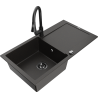 Mexen Leo granite kitchen sink 1-bowl with drainer and Elia kitchen faucet, black/gold metallic - 6501-75-670101-70-B