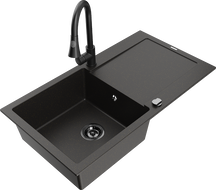 Mexen Leo 1-compartment granite sink with a drip tray and kitchen mixer tap Elia, Black/Gold metallic - 6501-75-670101-70-B