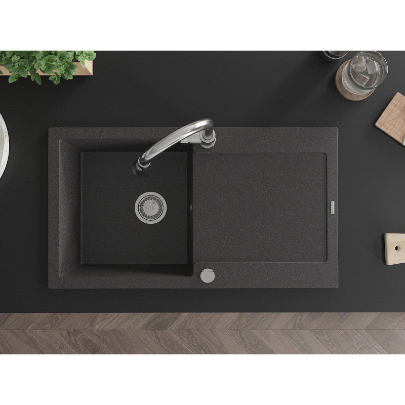Mexen Leo 1-bowl granite sink with drainer and kitchen faucet Elia, black speckled - 6501-76-670101-00