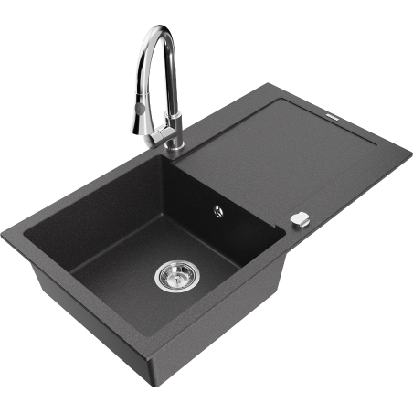 Mexen Leo 1-bowl granite sink with drainer and kitchen faucet Elia, black speckled - 6501-76-670101-00