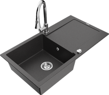 Mexen Leo 1-bowl granite sink with drainer and Elia kitchen faucet, speckled black - 6501-76-670101-00