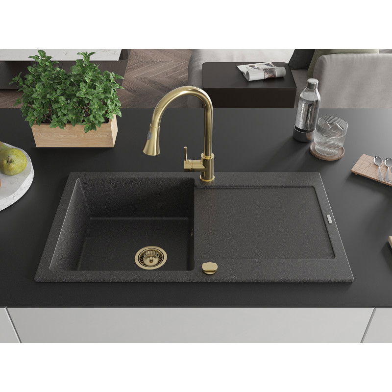 Mexen Leo 1-bowl Granite Sink with Drainer and Elia Kitchen Tap, Speckled Black - 6501-76-670101-50