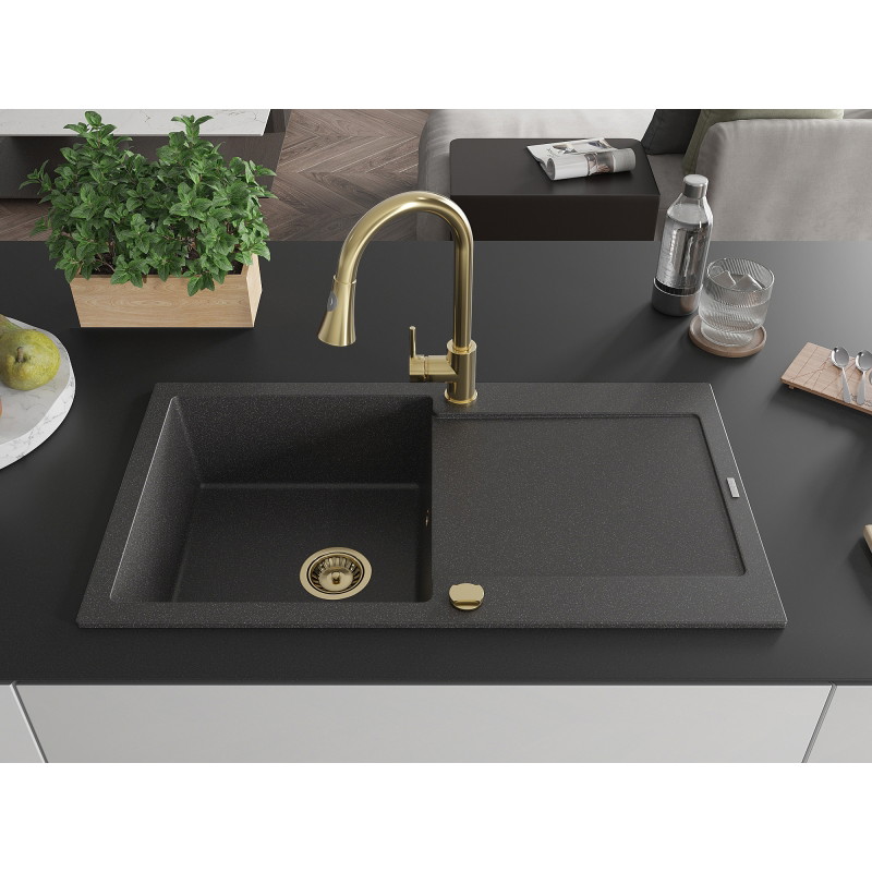 Mexen Leo granite kitchen sink 1-bowl with drainer and Elia kitchen faucet, speckled black - 6501-76-670101-50