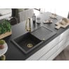 Mexen Leo granite kitchen sink 1-bowl with drainer and Elia kitchen faucet, speckled black - 6501-76-670101-50