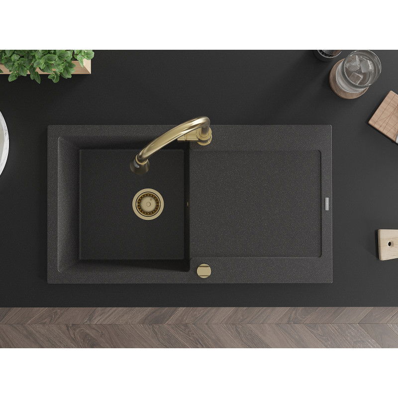 Mexen Leo 1-bowl Granite Sink with Drainer and Elia Kitchen Tap, Speckled Black - 6501-76-670101-50