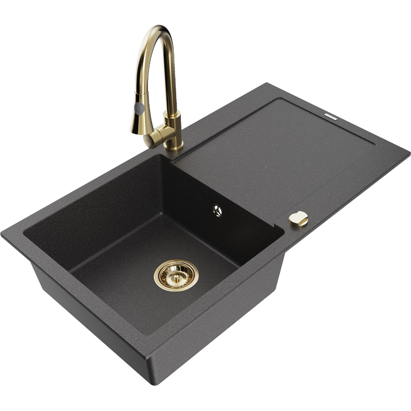 Mexen Leo 1-compartment granite sink with a drip tray and kitchen mixer tap Elia, spotted black - 6501-76-670101-50