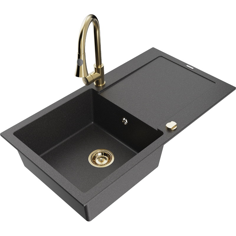 Mexen Leo granite kitchen sink single-bowl with drainer and kitchen faucet Elia, black speckled - 6501-76-670101-50