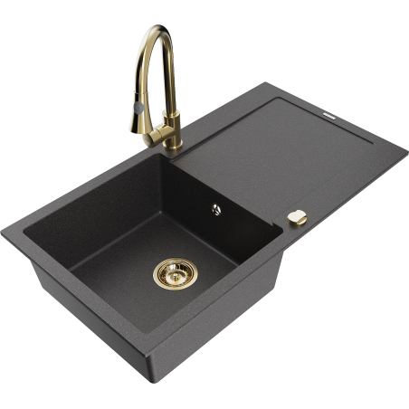 Mexen Leo granite kitchen sink 1-bowl with drainer and Elia kitchen faucet, speckled black - 6501-76-670101-50