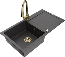 Mexen Leo granite kitchen sink single-bowl with drainer and kitchen faucet Elia, black speckled - 6501-76-670101-50