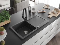 Mexen Leo granite single-bowl sink with drainer and Elia kitchen faucet, speckled black - 6501-76-670101-70
