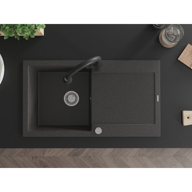 Mexen Leo granite single-bowl sink with a drainer and kitchen faucet Elia, speckled black - 6501-76-670101-70