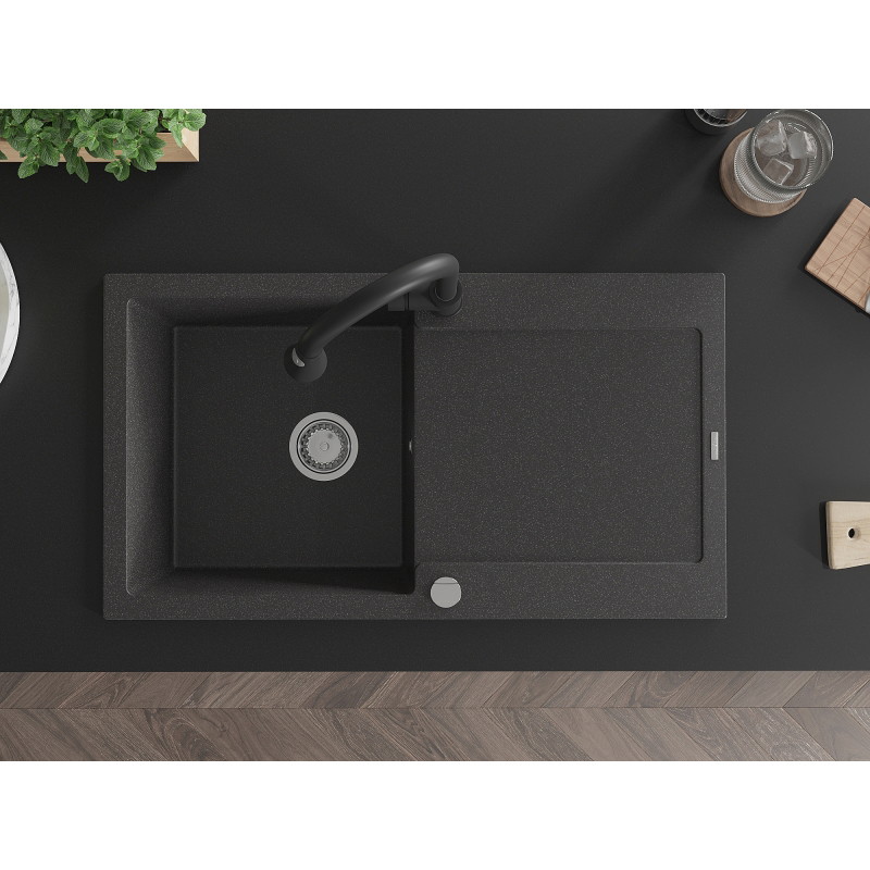 Mexen Leo granite single-bowl sink with drainer and Elia kitchen faucet, speckled black - 6501-76-670101-70