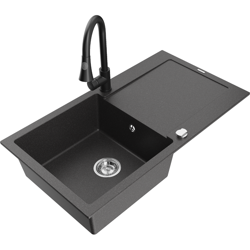 Mexen Leo 1-compartment granite sink with a drip tray and kitchen mixer tap Elia, spotted black - 6501-76-670101-70