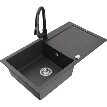Mexen Leo granite single-bowl sink with a drainer and kitchen faucet Elia, speckled black - 6501-76-670101-70