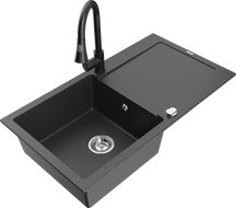 Mexen Leo granite kitchen sink 1-bowl with drainer and Elia kitchen tap, black speckled - 6501-76-670101-70