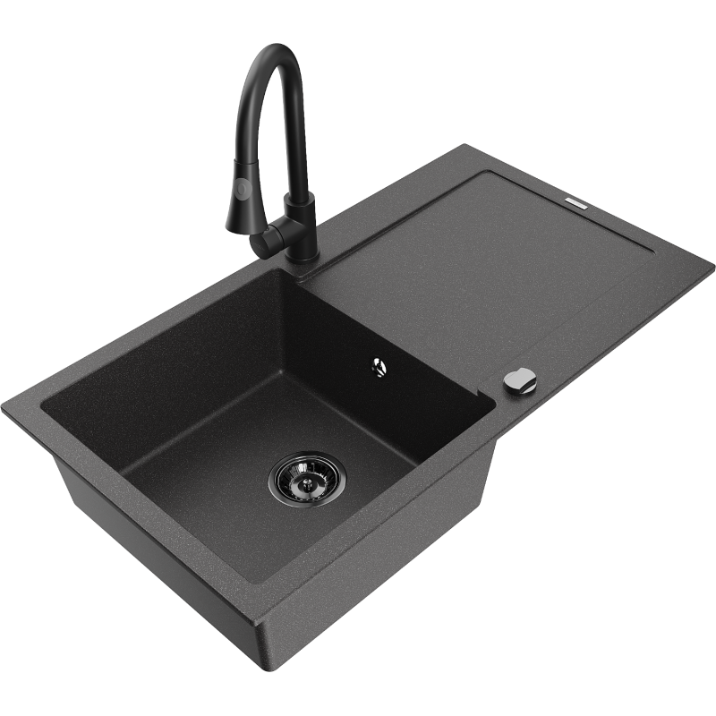 Mexen Leo 1-bowl granite sink with drainer and Elia kitchen tap, speckled black - 6501-76-670101-70-B
