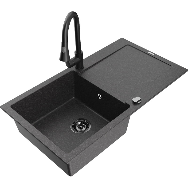 Mexen Leo granite sink 1-bowl with drainer and kitchen faucet Elia, black speckled - 6501-76-670101-70-B