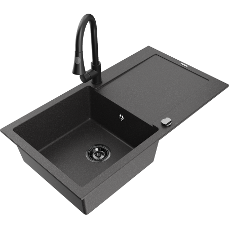 Mexen Leo 1-bowl granite sink with drainer and Elia kitchen tap, speckled black - 6501-76-670101-70-B