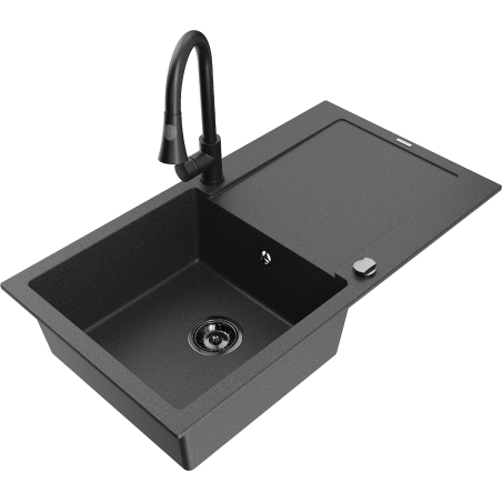 Mexen Leo granite sink 1-bowl with drainer and kitchen faucet Elia, black speckled - 6501-76-670101-70-B
