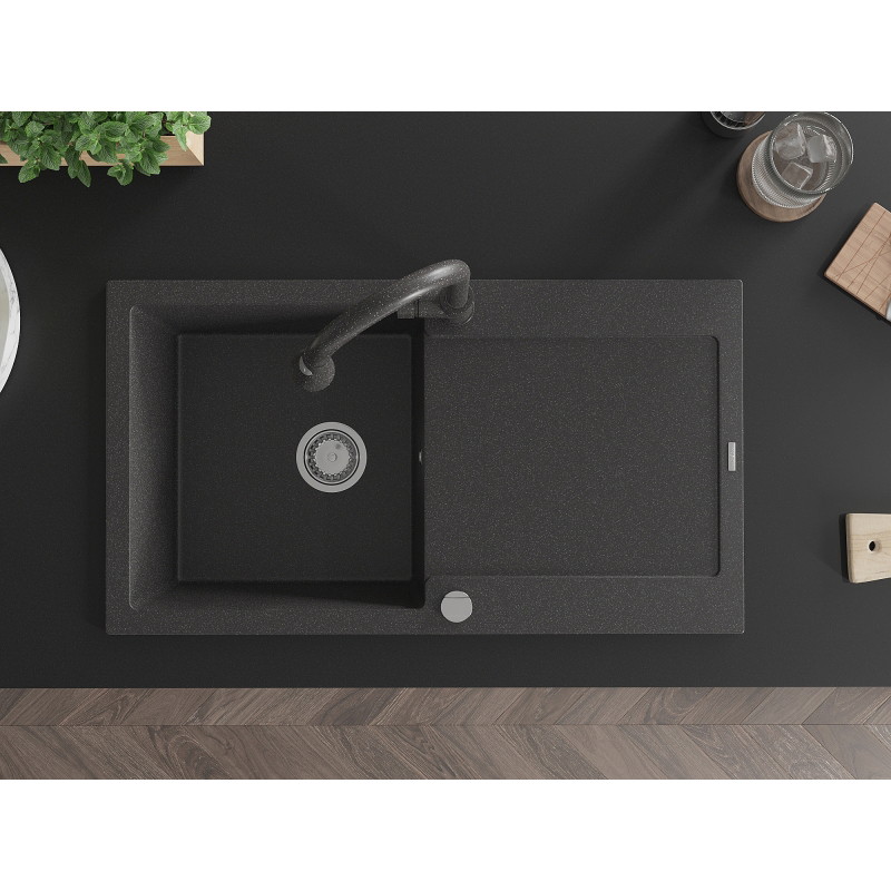 Mexen Leo 1-bowl granite sink with drainer and Elia kitchen faucet, black speckled - 6501-76-670101-76