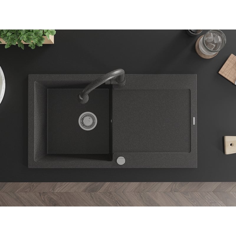 Mexen Leo single-bowl granite sink with drainer and kitchen faucet Elia, speckled black - 6501-76-670101-76