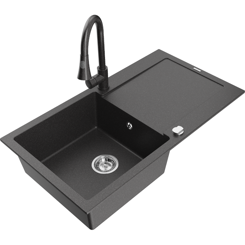 Mexen Leo 1-compartment granite sink with a drip tray and kitchen mixer tap Elia, spotted black - 6501-76-670101-76