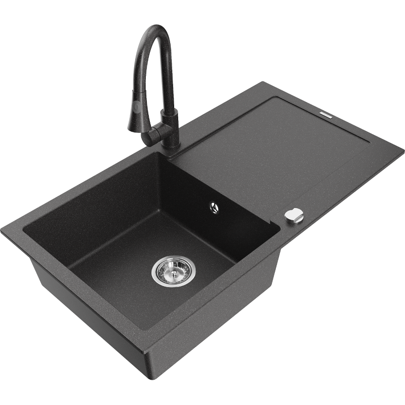 Mexen Leo granite sink 1-bowl with drainer and Elia kitchen tap, black speckled - 6501-76-670101-76
