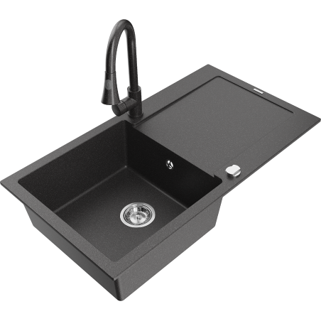 Mexen Leo 1-bowl granite sink with drainer and Elia kitchen faucet, black speckled - 6501-76-670101-76